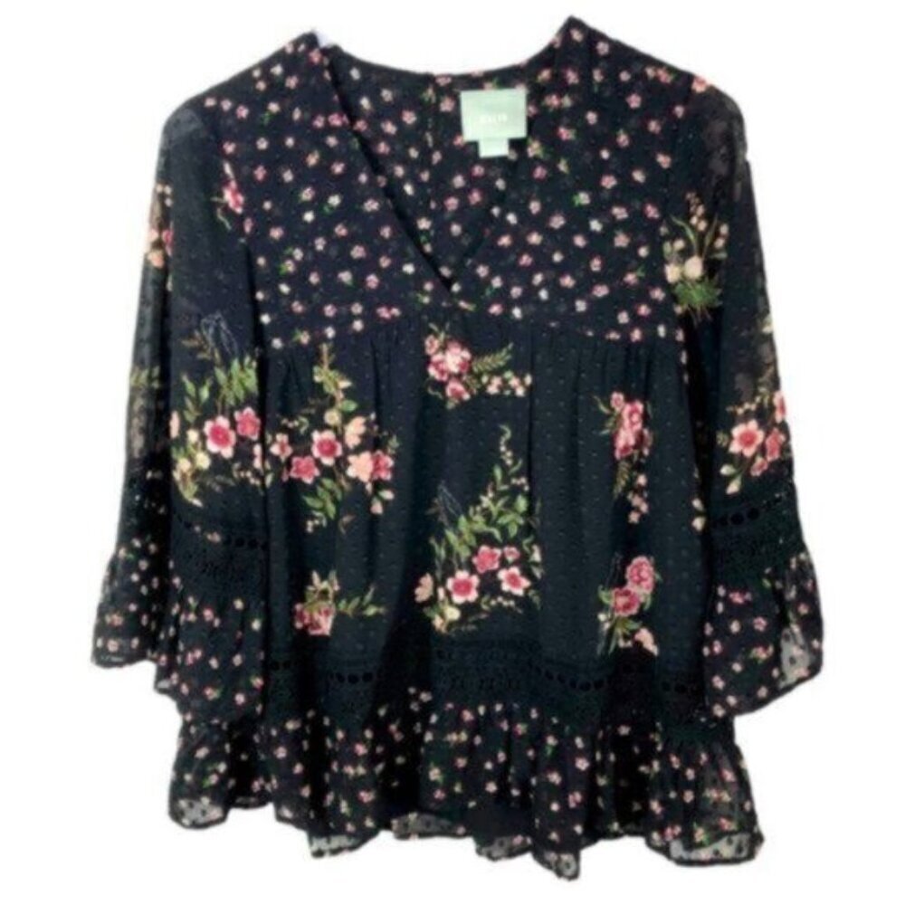 Maeve | Women's Black Floral Print 3/4 Length Wide Sleeves Blouse Size XS